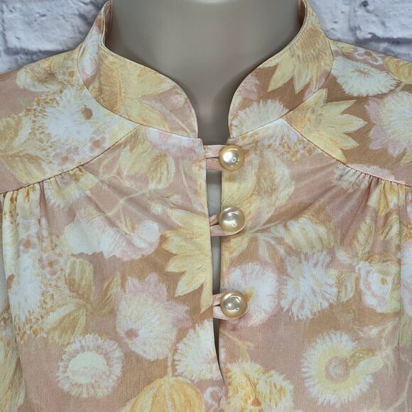 Vintage Nikki 1/4 Button Long Sleeve Blouse Yellow Neutral Floral 70s Disco M - Picture 2 of 7